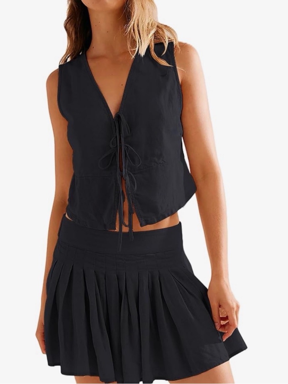 Black Tie-Front Sleeveless Top and Skirt